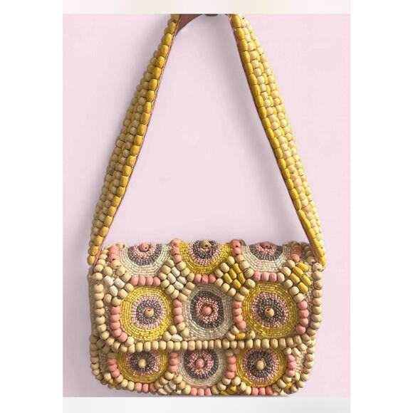 NEW Made in India Beaded Shoulder Bag Viral Pink Yellow Gray - Picture 1 of 3
